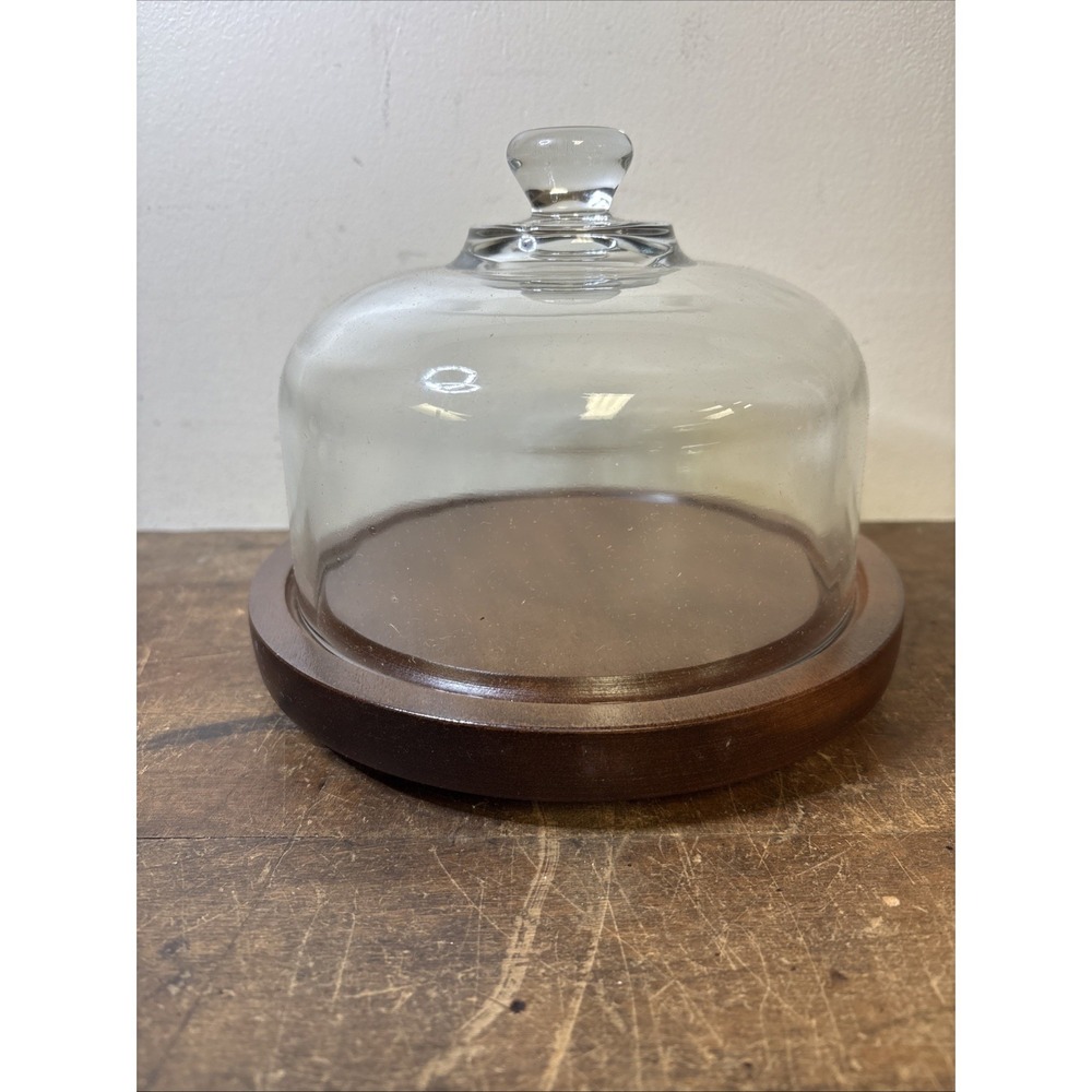 Vintage Goodwood Genuine Teak Wood Cheese Board Tray with Glass Dome Cloche Lid